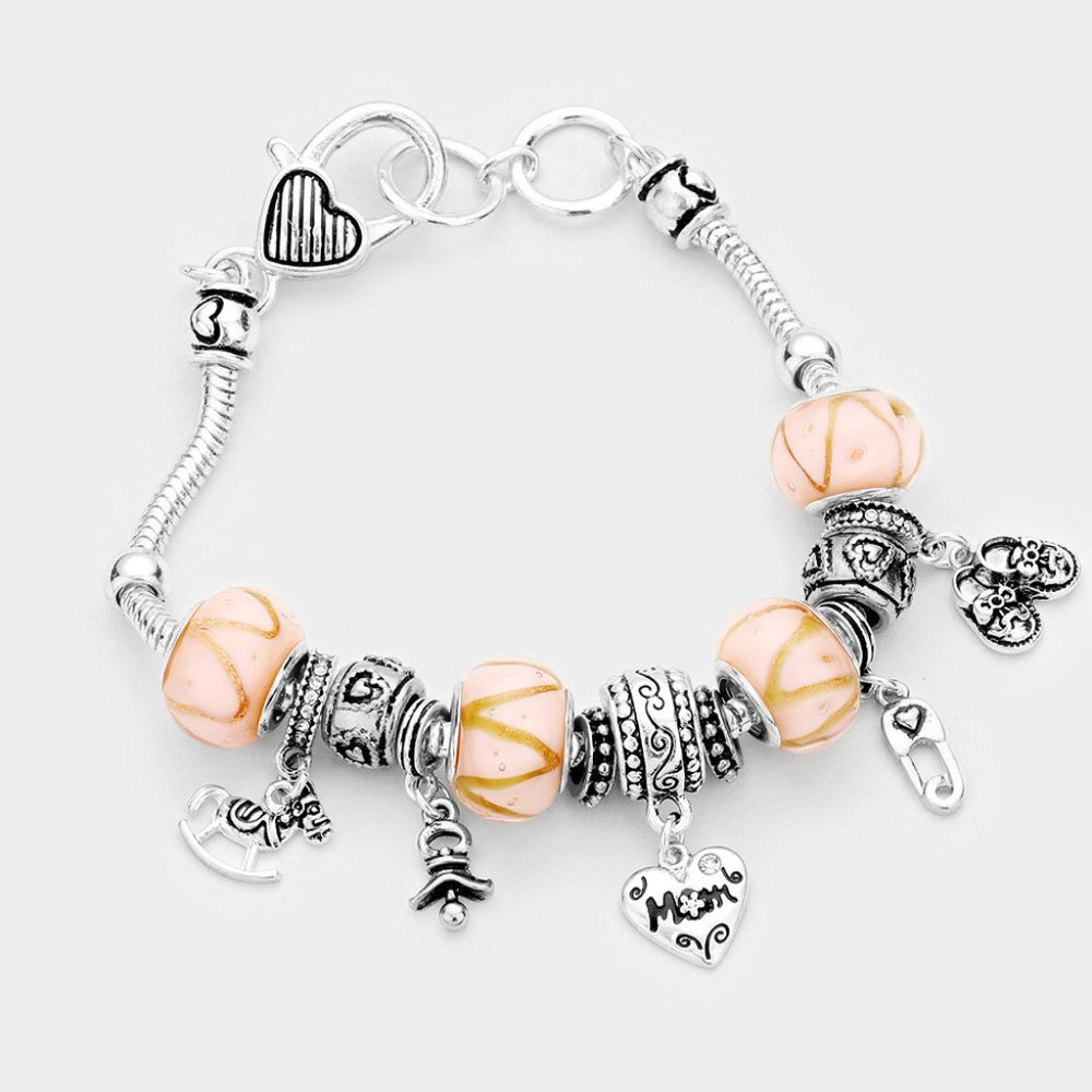 • Multi Bead Mom Embossed Metal Heart Bracelet